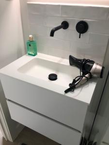 un lavabo blanco con secador de pelo en Het mezennest en Zottegem