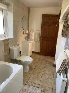 a bathroom with a toilet and a sink and a mirror at Bungalow in Pillaton in Saltash