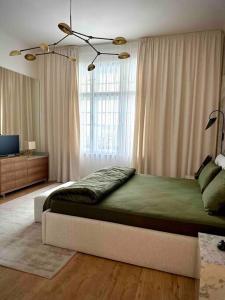 um quarto com uma cama grande em frente a uma janela em Moderný apartmán v centre Bratislavy em Bratislava