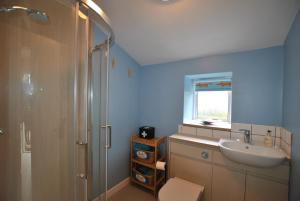 a bathroom with a sink and a toilet and a shower at Carpenters Cottage- coastal stay with garden in Pittenweem +20 photos