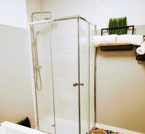 W łazience znajduje się prysznic ze szklanymi drzwiami. w obiekcie Apartamento Albariño 23 w mieście Novelda