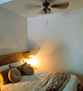a bedroom with a bed with a ceiling fan at Apartamento Albariño 23 in Novelda