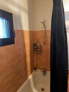 a bathroom with a tub and a shower with a shower curtain at Véritable Bastidon Provençale in Le Tholonet