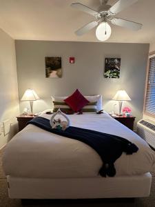 日內瓦湖的住宿－米爾克里克酒店，一间卧室配有一张大床和吊扇