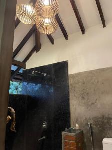 a bathroom with a toilet and two chandeliers on the ceiling at Jardin d'Ulysse & Hard Rock in Morjim