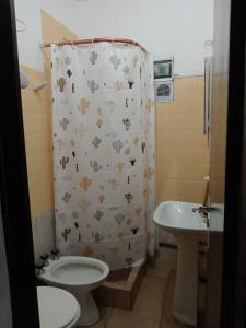 uma casa de banho com uma cortina de chuveiro, um WC e um lavatório. em Tacita de Plata Apart em San Salvador de Jujuy