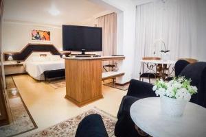 uma sala de estar com uma cama e uma televisão em Cedro Hotel em Londrina