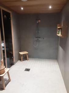 La salle de bains est pourvue d'une douche et d'un tabouret. dans l'établissement Rukan Timantti A, à Ruka