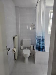 a bathroom with a toilet and a tub and a sink at Gästehaus3land in Weil am Rhein in Weil am Rhein