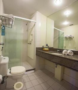 W łazience znajduje się prysznic, toaleta i umywalka. w obiekcie Maravilhoso Flat em Frente ao Aeroporto de Congonhas H1908 w São Paulo