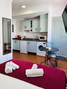 a kitchen with white appliances and towels on a red rug at Marbella Village in Marbella