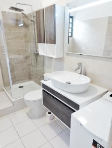 y baño con lavabo, aseo y ducha. en Appartement cosy dans résidence avec piscine, en Fort-de-France