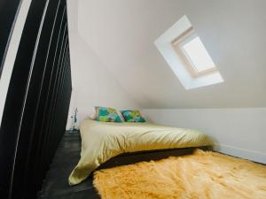een bed in een kamer met een tapijt en een raam bij La Maison Rose en Centre historique in Arras
