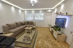 ein Wohnzimmer mit einem Sofa und einem Flachbild-TV in der Unterkunft Apartman Isidora in Banja Luka