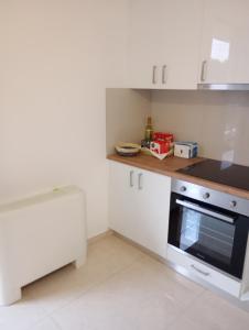 a kitchen with white cabinets and a stove top oven at Coastal Garden Getaway in Metókhi