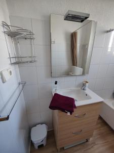 La salle de bains est pourvue d'un lavabo, d'un miroir et de toilettes. dans l'établissement Appartement cosy à 100m de la mer, à Santa Pola