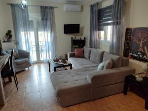 sala de estar con sofá y TV en Όμορφο διαμέρισμα σε μονοκατοικία στη Λεπτοκαρυα., en Leptokarya