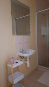a bathroom with a sink and a shower at Steps Accommodation in Gobabis