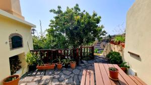 einen Balkon mit einem Holztisch und Topfpflanzen in der Unterkunft Los Nacientes: Cordero in Los Sauces