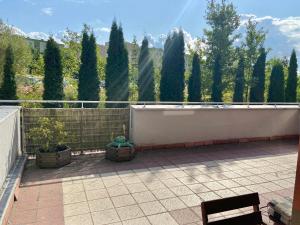 une terrasse avec une clôture et des arbres en arrière-plan. dans l'établissement Apartament Na Stoku, à Kielce
