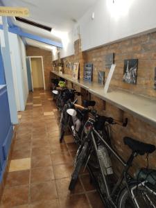 a row of bikes parked next to a counter at Hostel Iris in Belgrade