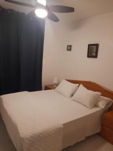 a bedroom with a white bed with a ceiling fan at Apartamento en el centro de zaragoza "EL RUBÍ DEL PILAR" in Zaragoza