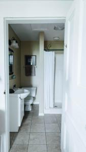 Baño blanco con lavabo y aseo en Maple Hill Manor Bed & Breakfast en Springfield