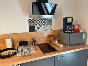 - un comptoir de cuisine avec une cafetière et un four micro-ondes dans l'établissement Appartement cosy et moderne Rodilhan, à Rodilhan