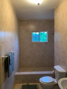 baño con aseo y lavabo y ventana en Full 3 BD Home w/Oceanviews and AC in all rooms., en Manchioneal