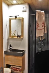 ein Bad mit einem Waschbecken und einem Spiegel in der Unterkunft Chalet la Dransette in Châtel