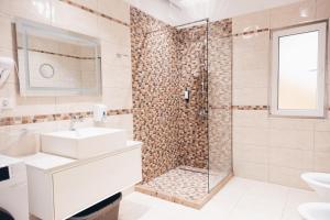 a bathroom with a shower and a sink and a toilet at Mono Boutique Apartments in Tirana +29 photos