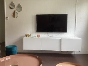 a white entertainment center with a television on top of it at 50 m2 T2 au calme, lumineux, confortable, cosy, climatisé, privatif avec parking gratuit et terrasse in Toulouse