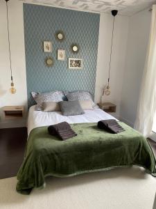 - une chambre avec un grand lit et une couverture verte dans l'établissement 50 m2 4 couchages T2 au calme, lumineux, confortable, cosy, climatisé, privatif avec parking gratuit et terrasse, à Toulouse