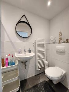 a bathroom with a toilet and a sink and a mirror at Cozy Apartment with WIFI, Near University&Hospital in Augsburg