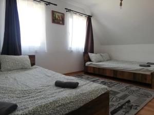 a bedroom with two beds and two windows at Casa Fresh in Sântimbru-Băi