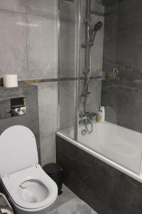 a bathroom with a shower and a toilet and a tub at Apartament Euro 2 Kraków in Krakow
