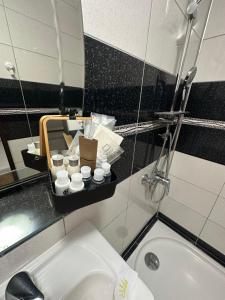 een badkamer met een wastafel, een toilet en een spiegel bij Casa Alpin Videle in Videle