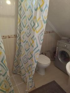 a bathroom with a toilet and a shower curtain at Светлая квартира с отдельной кухней и ванной 1+1 in Didim