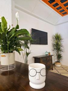 a table with glasses on top of a table with plants at Arc House Granada in Granada