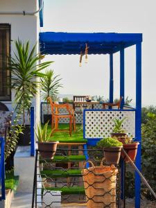 une terrasse couverte bleue avec une chaise et des plantes en pot dans l'établissement Beit Philodemus, à Um Qeis