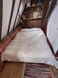 een bed in een kamer met een boekenplank bij Rustikale alte Fachwerk Burg in Winden bei Nassau in Winden