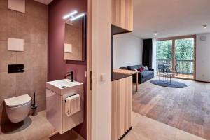 ein Badezimmer mit einem WC und einem Waschbecken sowie ein Wohnzimmer in der Unterkunft Staufen Chalets am Schlossberg in Oberstaufen