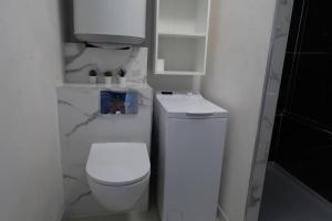 La salle de bains blanche est pourvue de toilettes et d'un lavabo. dans l'établissement Studio Gare, Europole, à Grenoble