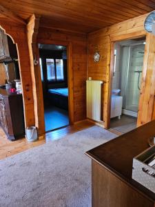 a kitchen and living room in a log cabin at chante bise in Ayer