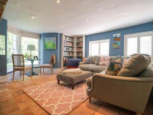 a living room with blue walls and a couch at Syleham House in Eye