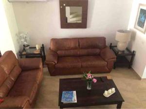 Sala de estar con sofá marrón y mesa de centro en Sugarhill Villa, en Jolly Harbour