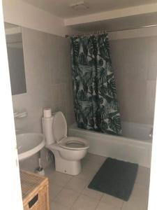 a bathroom with a toilet and a sink and a shower curtain at Sugarhill Villa in Jolly Harbour