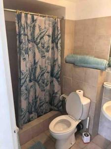 a bathroom with a toilet and a shower curtain at Sugarhill Villa in Jolly Harbour
