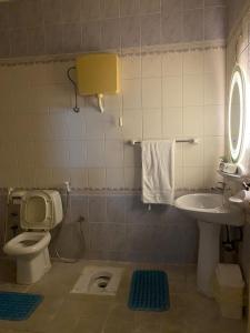 a bathroom with a toilet and a sink and a mirror at Madinah Anbariah in Al Madinah