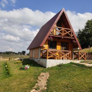 a wooden cabin with a gambrel roof at Mountain house Drveni Raj in Žabljak